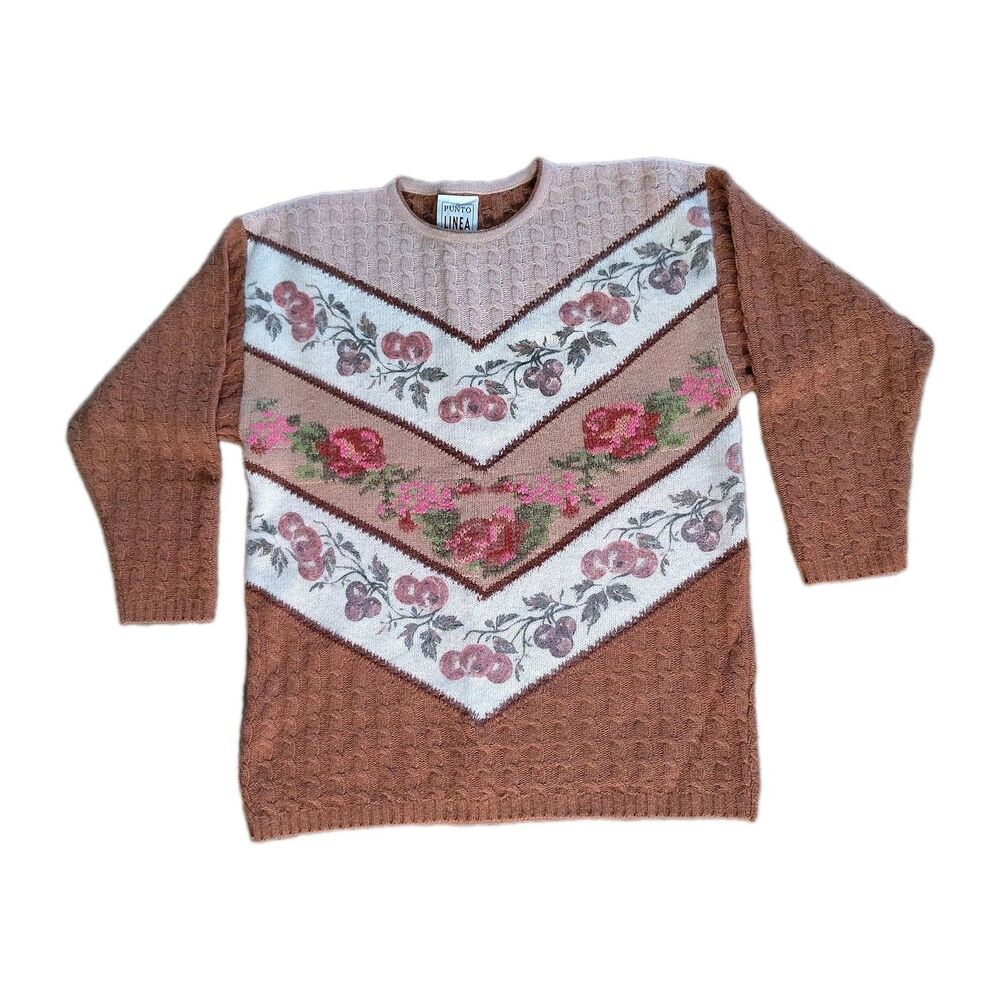 Vintage Punto Linea Women's Lambswool Rose Floral Cable Knit Sweater Grandmacore